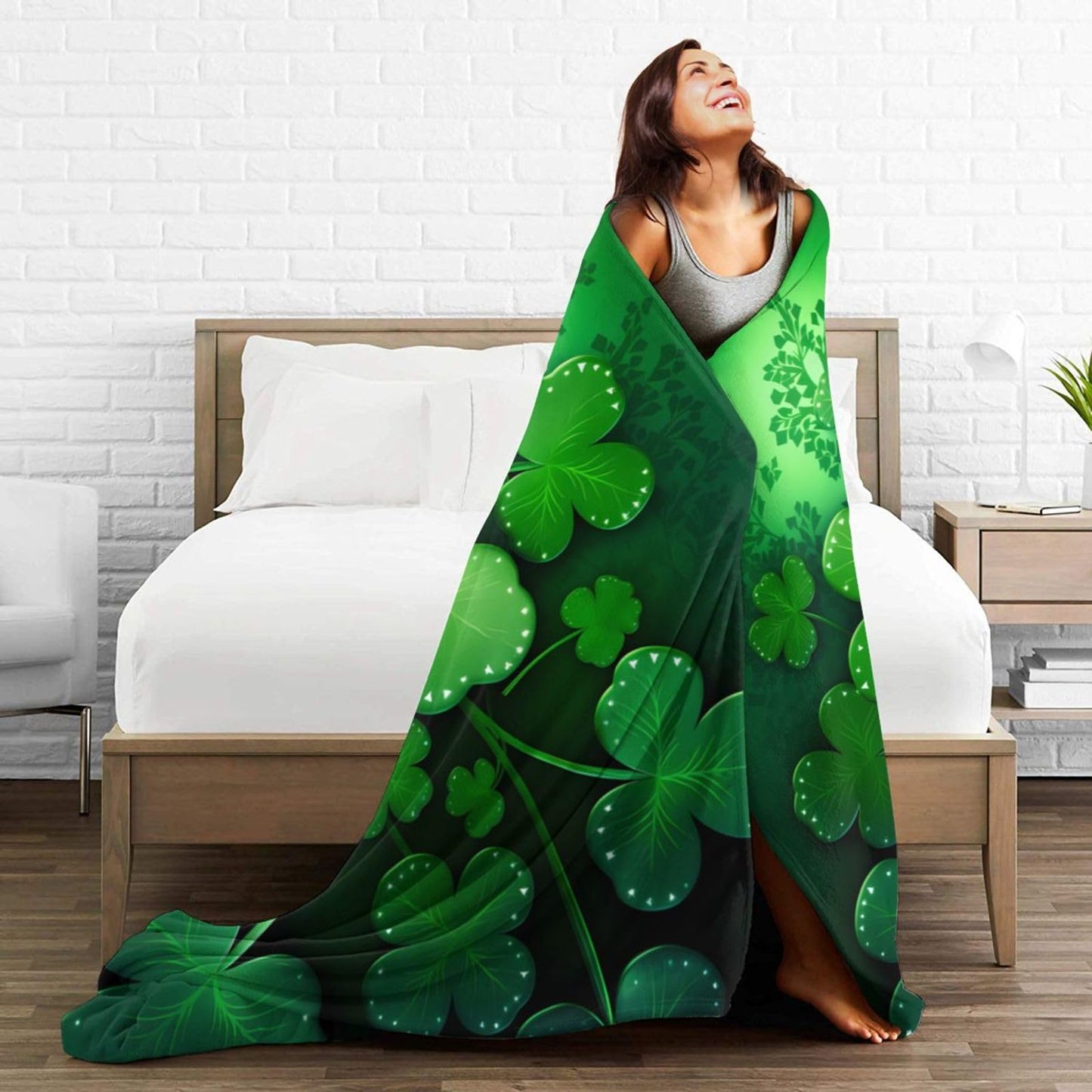 Dewoofly Green Clover Leaves Washable Fleece Throw Blankets, Saint Patricks Day Blanket for Bed Couch Sofa, All Seasons Home Camper Travel 60"x50"