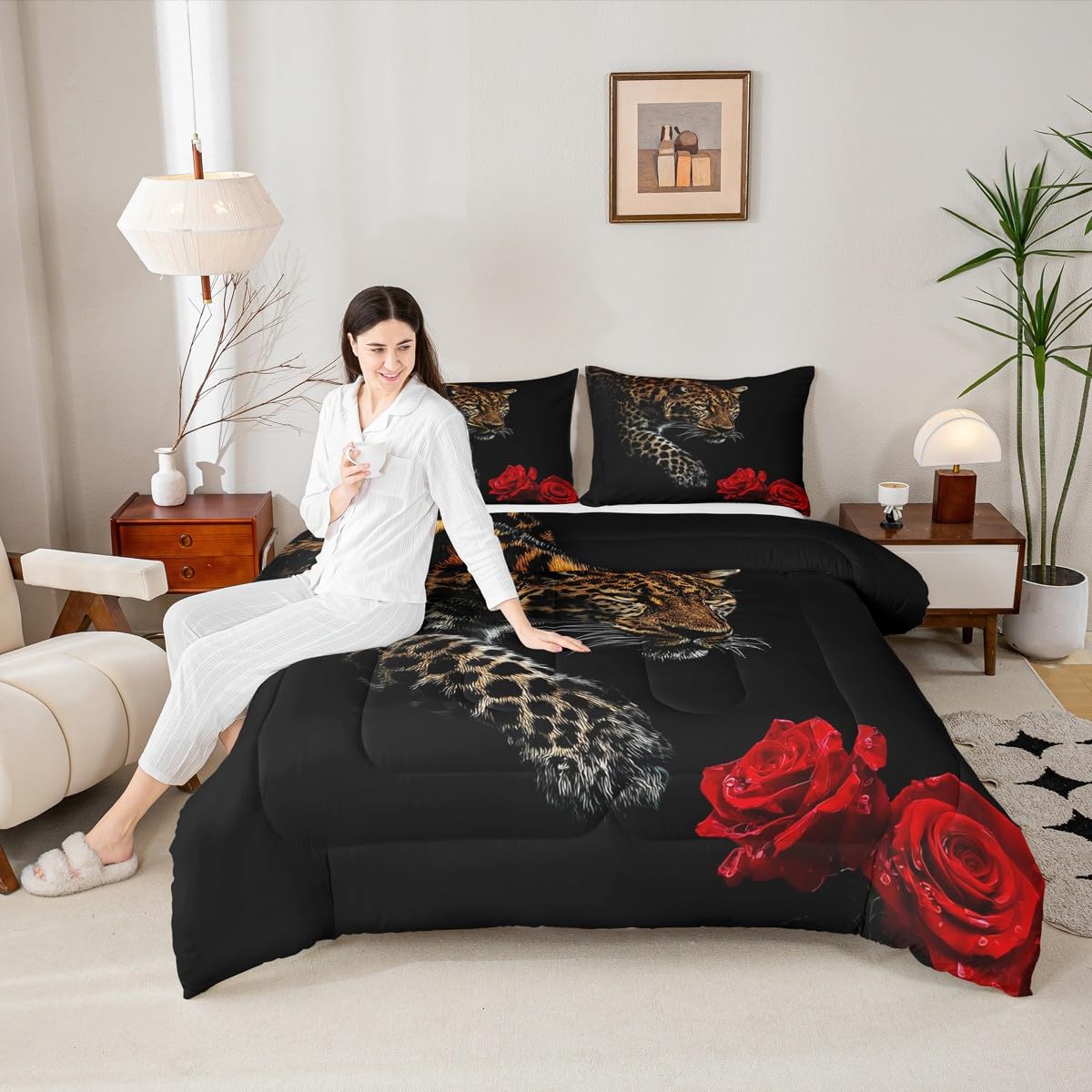 Erosebridal Leopard Comforter Set Queen Size,Red Rose Cheetah Bedding Set,Cat Leopard Print Down Comforter, Romantic Floral Quilted Duvet, Safari Animal Quilt Set, Stylish Bedroom Decor, Black