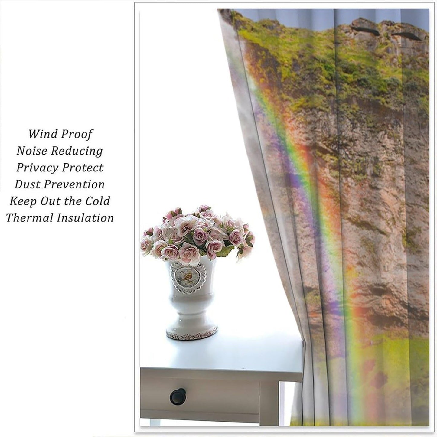 Rainbow Waterfall Curtain, Purple Wild Flower Green Plants Natural Scenery Landscape Print Decor Rod Pocket Window Drapes, for Bedroom Living Room 42" W X 45" L
