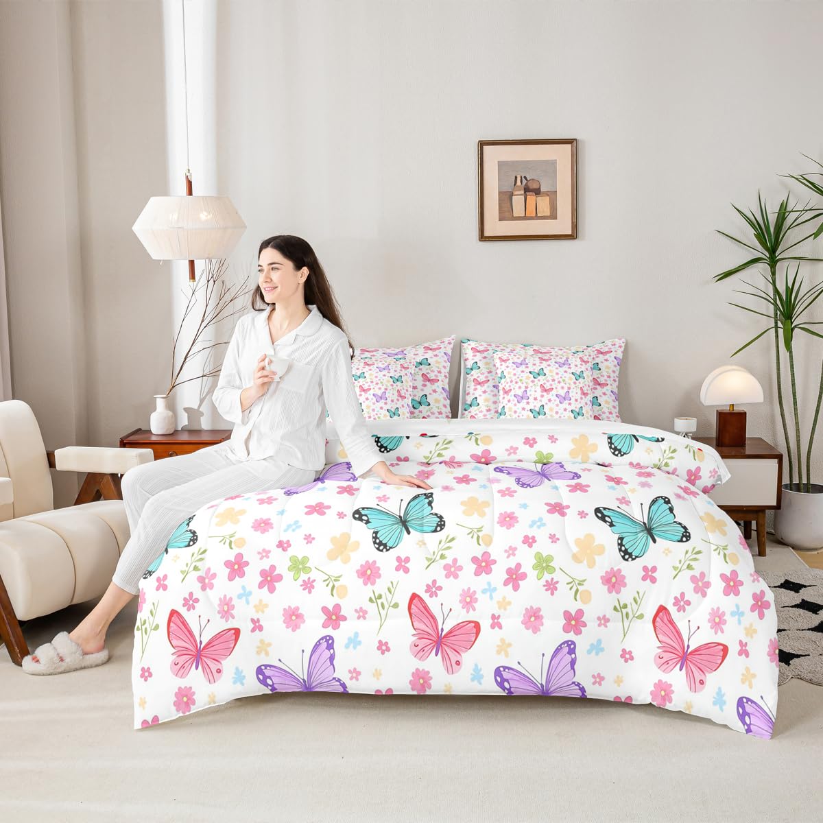 Feelyou Butterfly Comforter Set with Sheets 7 Piece Queen Size Girl Butterfies Floral Bedding Set for Kids Boys Girls Cute Bed in a Bag Garden Plant Room Decor White Pink Purple Soft Lightweight