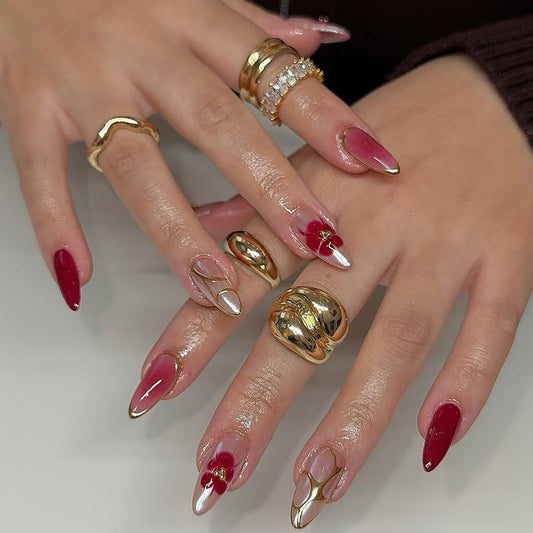 IMSOHOT Press on Nails Medium Almond, Chrome Silver Red Flower Fake Nails Glossy Acrylic French Tips False Nails Full Cover Glue on Nails
