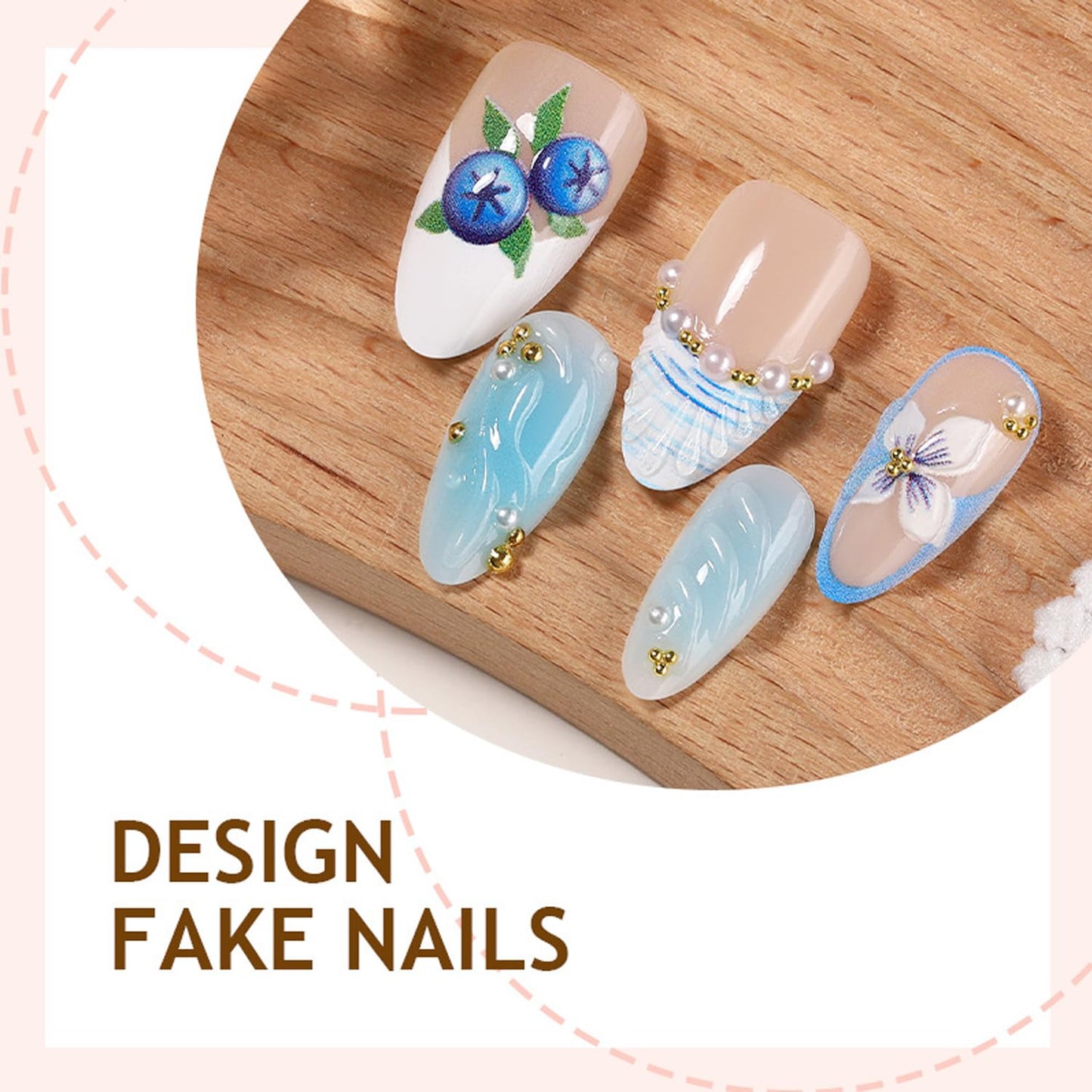 30Pcs Spring Press on Nails Medium Almond French Tip Fake Nails with 3D Rhinestone Pearl Design Blue Gradient False Nails Glossy Full Cover Blueberry Flower Stick on Nail Summer Nails Set for Women
