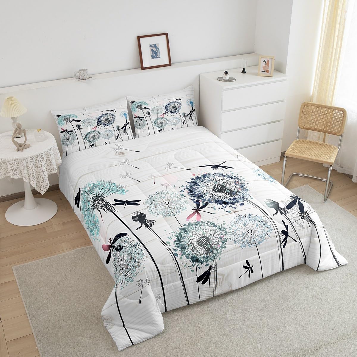 Manfei Dandelion Comforter Set Twin Size, Boho Dragonfly Bedding Set 2pcs for Kids Boys Girls Bedroom Decor, Botanical Floral Quilt Set Rustic Wooden Board Duvet Set with 1 Pillowcase