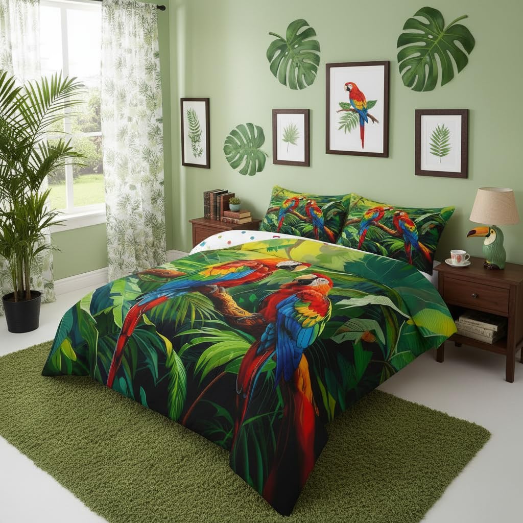 Manfei Parrots Comforter Set 2Pcs Tropical Palm Leaves Twin Size Bedding Set Natural Wildlife Duvet Insert for Kids Boys Girls Adult Room Decor(1 Comforter,1 Pillowcase) Jungle Wild Animals