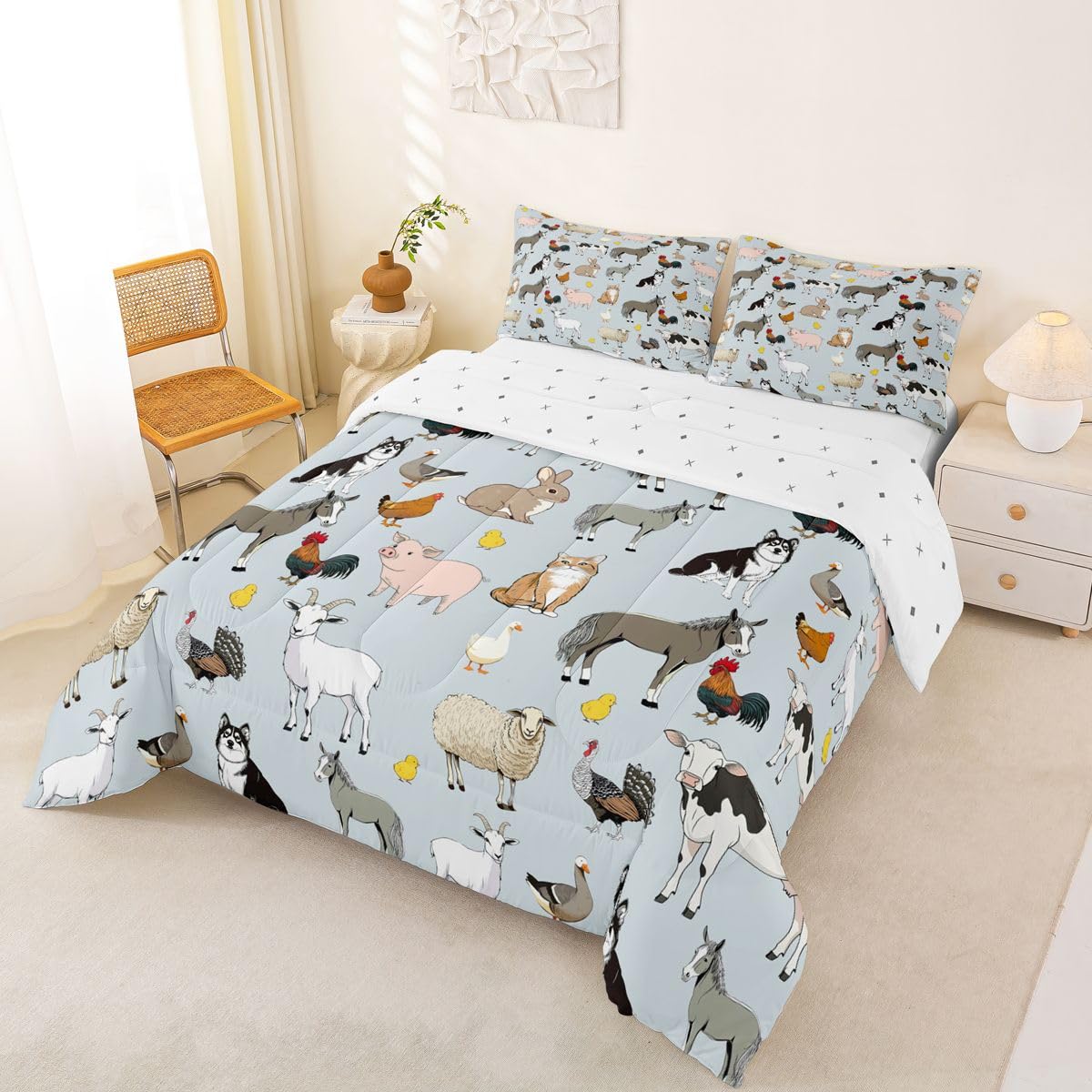 Feelyou Light Blue Farm Animal Comforter Set Toddler Size Cute Animal Bedding Set for Kids Boys Girls Farm Theme Duvet Quilt Cartoon Bedroom Decor 2 Pcs with 1 Pillow Cases