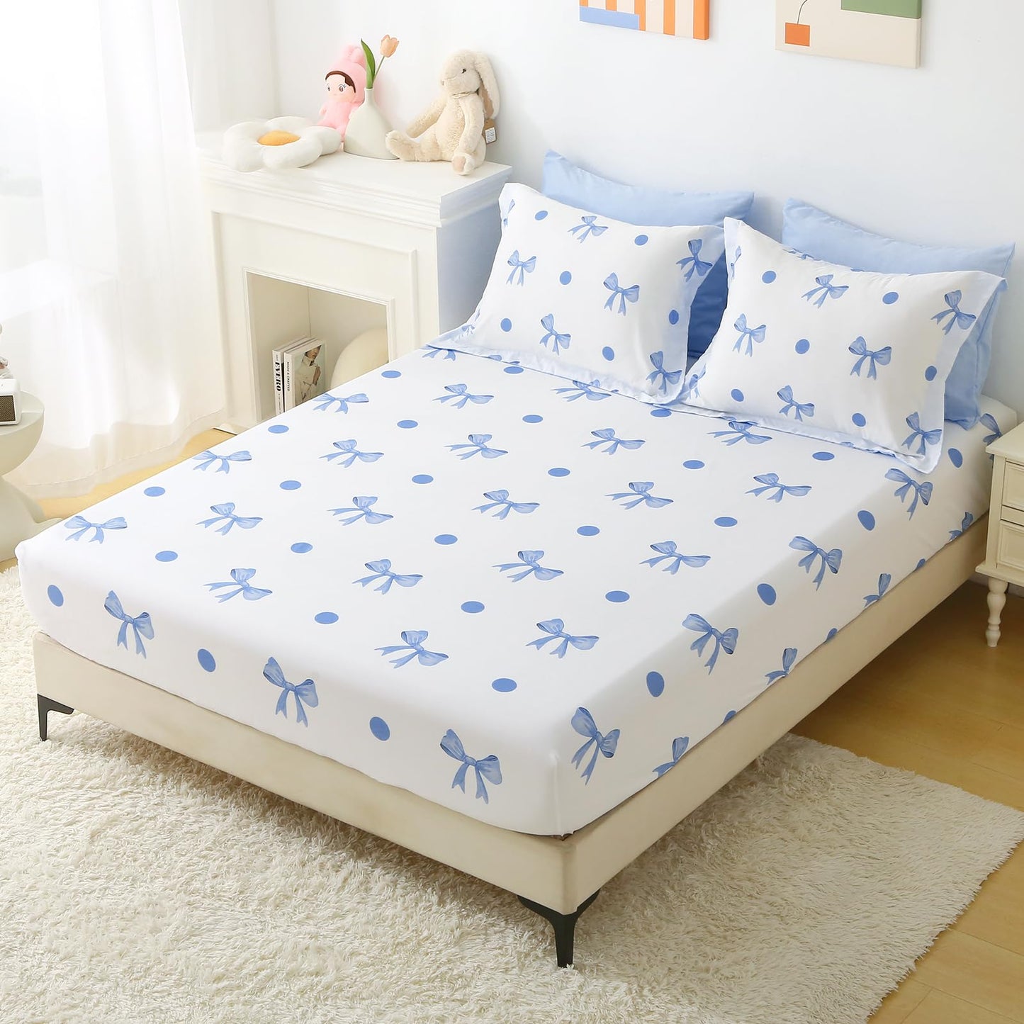 Wajade 7 Piece Blue Bow Comforter Set for Girls Kids Queen Size Bedding Set with Sheet and 2 Pillowcases 2 Pillow Shams Cute Girls Bed in a Bag as Birthday Choice