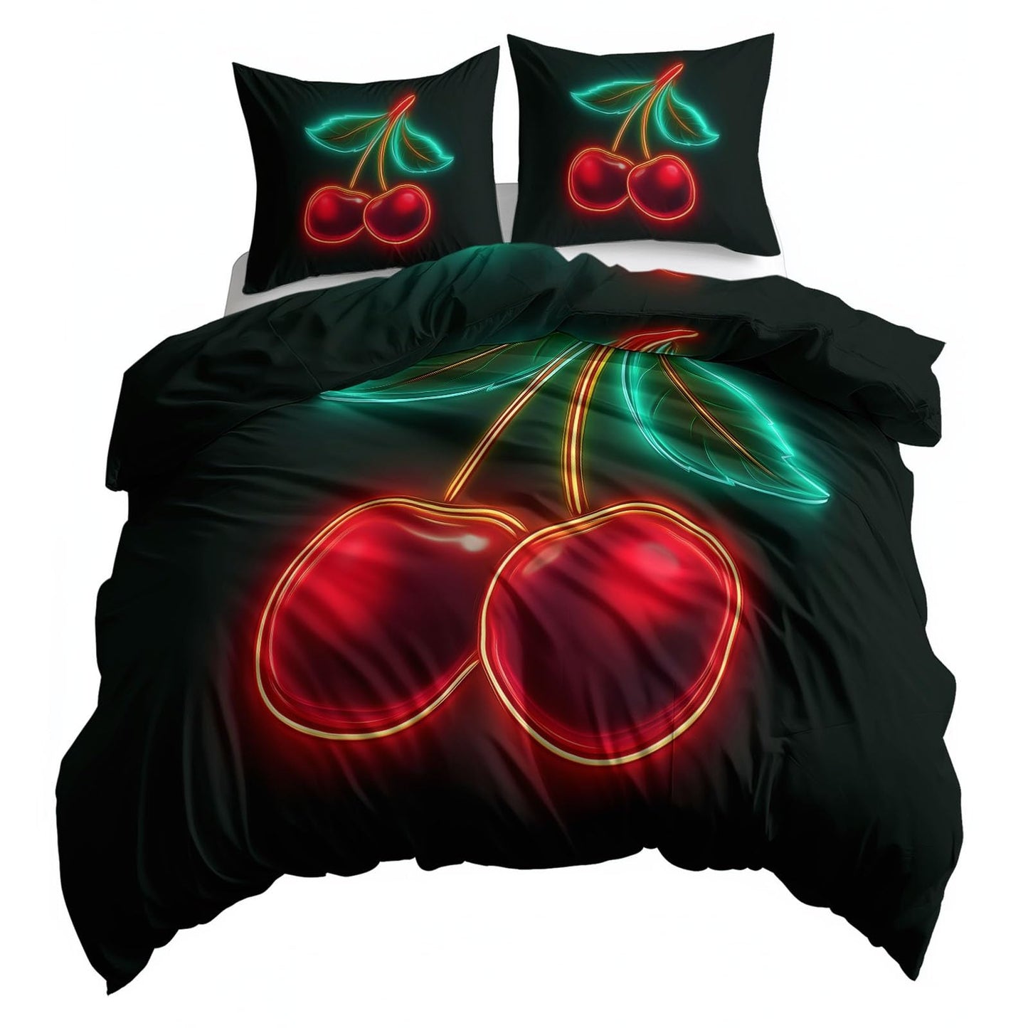 Super Soft Digital Art Duvet Cover Set Twin Size, Neon Futuristic Cherries Bedding for Kids Boys Girls Teens - Breathable and Anti-Allergic Soft Comforter Cover 2 Pillow Shams