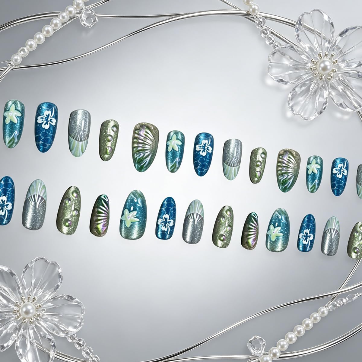 3D Press On Nails Almond Medium Light Blue Fake Nails with French Cat's Eye Embossed Flower&Lines Summer Designs, Acrylic Artificial Nail Press ons False Stick On Nails for Women Girls 30Pcs