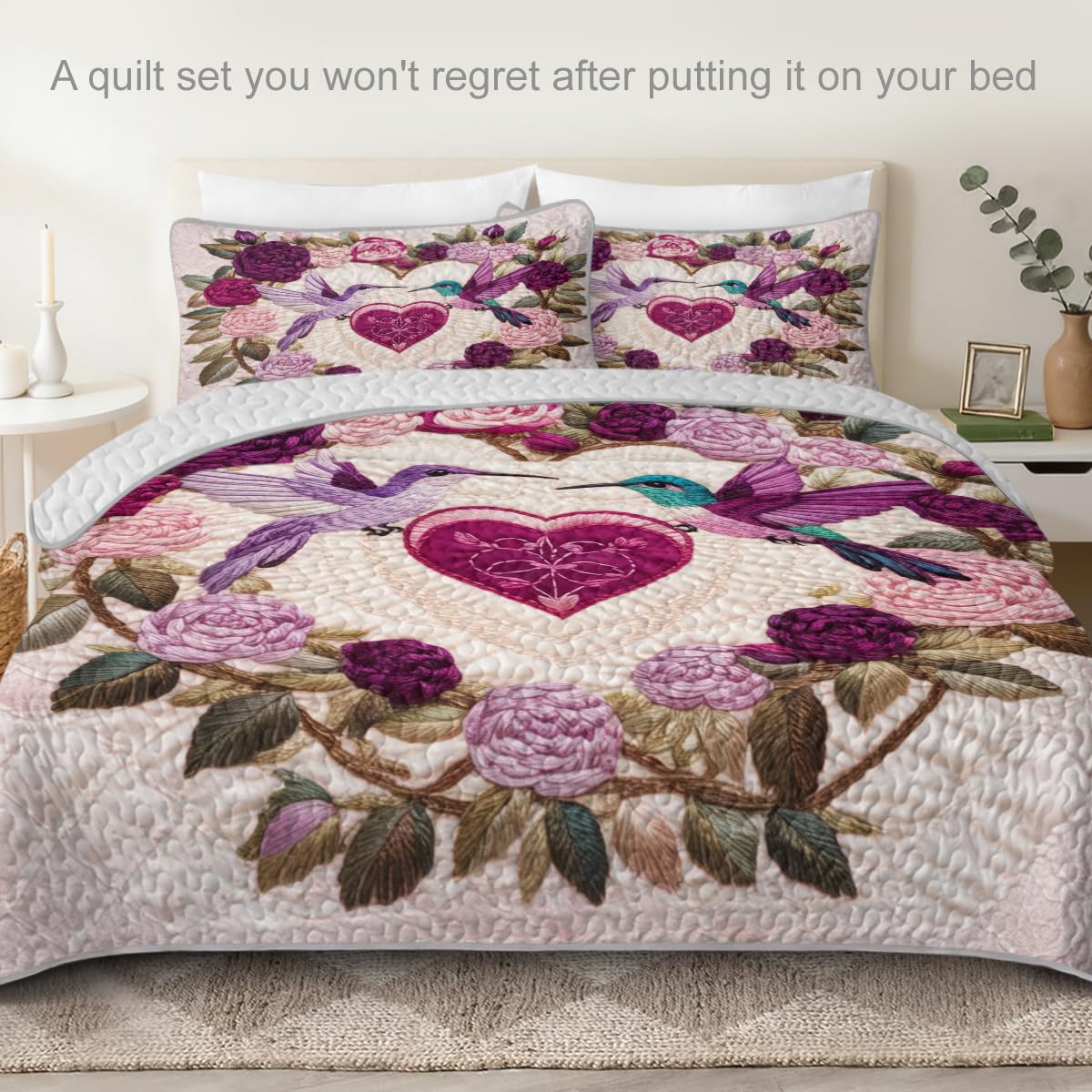 ARIGHTEX Flower Bird Quilt Set Queen Size Love Theme Hummingbird Floral Bedding Set Lightweight Botanical Quilt Coverlet Soft Microfiber Bedspread Gift Bedding Set with Shams