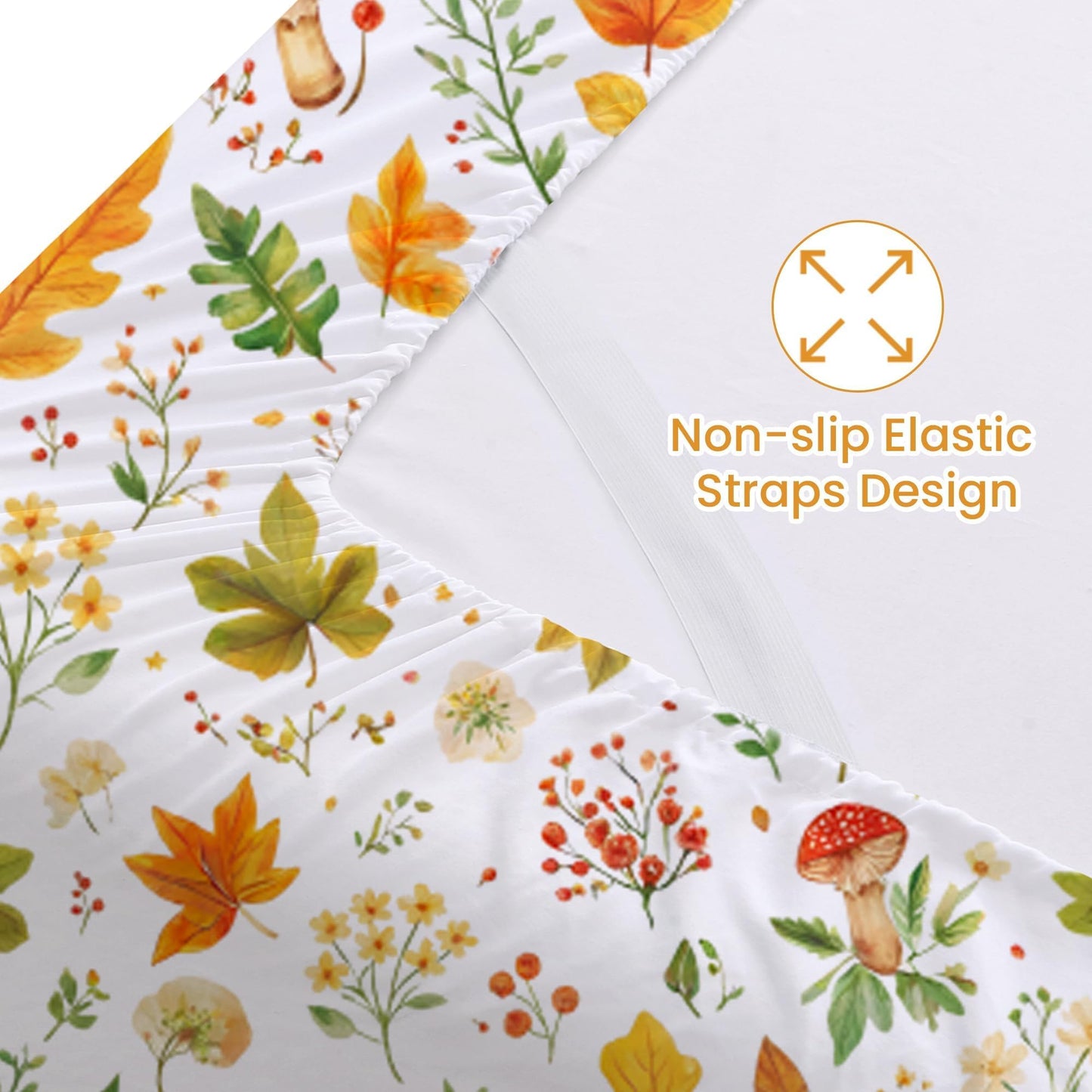 Softan Orange Floral Full Size Sheet Set, Printed Microfiber Fitted Sheet with 15" Deep Pockets & Non-Slip Straps, Maple Leaves & Mushroom Patterned Double Bedding Sheets & Pillowcase Set