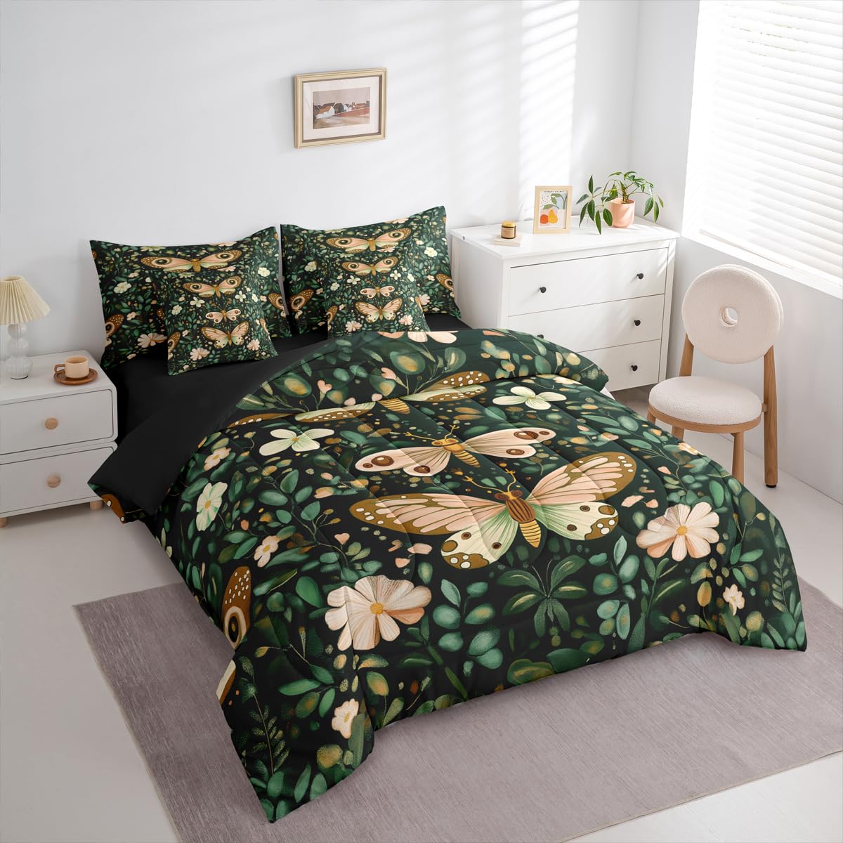 Feelyou Girls Butterfly Comforter Set with Sheets 7 Piece Queen Size Botanical Leaves Bedding Set for Kids Teens Beautiful Flower Bed in a Bag Room Decor Soft Lightweight Microfiber