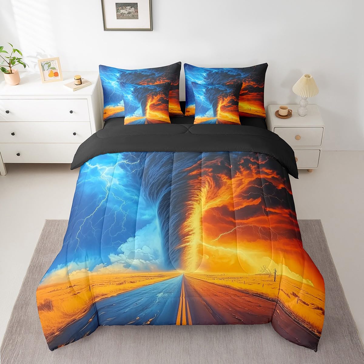 Erosebridal Ice Fire Tornado Comforter Set Queen,Orange Blue Lightning Bedding Set for Kids,Nature Weather(Comforter+Fitted+Flat Sheet+2 Pillowcases+2 Pillow Covers),Natural Disaster 7 Pcs Bed Set