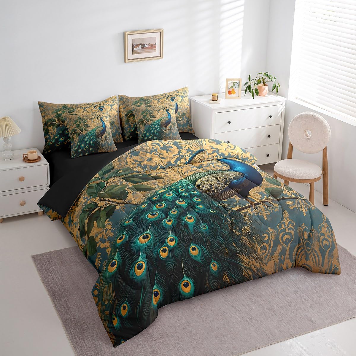Erosebridal Blue Peacock Comforter Set King Size,Elegant Damask Bedding Set for Kids Teens,Bird and Floral (Comforter+Fitted+Flat Sheet+2 Pillowcases+2 Throw Pillow Covers) 7 Pieces Bed Set