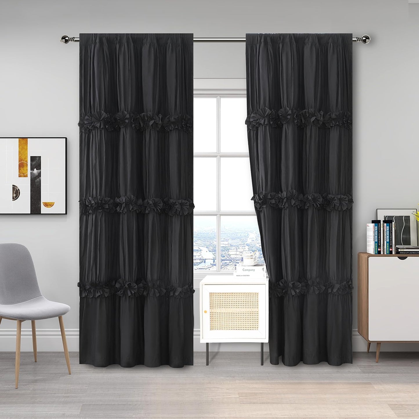 Homechoice Decor Thermal Insulated Blackout Window Curtains, Boho Ruched Window Treatments with 3 Rows of Butterfly Flowers, Rustic Rod Pocket Drapes for Room, 54" W x 84" L, 2 Panels, Black(LQ-30)