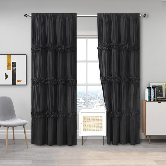 Homechoice Decor Thermal Insulated Blackout Window Curtains, Boho Ruched Window Treatments with 3 Rows of Butterfly Flowers, Rustic Rod Pocket Drapes for Room, 54" W x 84" L, 2 Panels, Black(LQ-30)