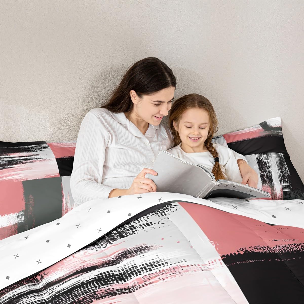 Feelyou Buffalo Check Comforter Set Geometric Comforter for Kids Boys Girls Teens Geometric Pink Grey Black White Bedding Set Breathable Modern Art Duvet Set Room Decor Quilt Set Queen Size