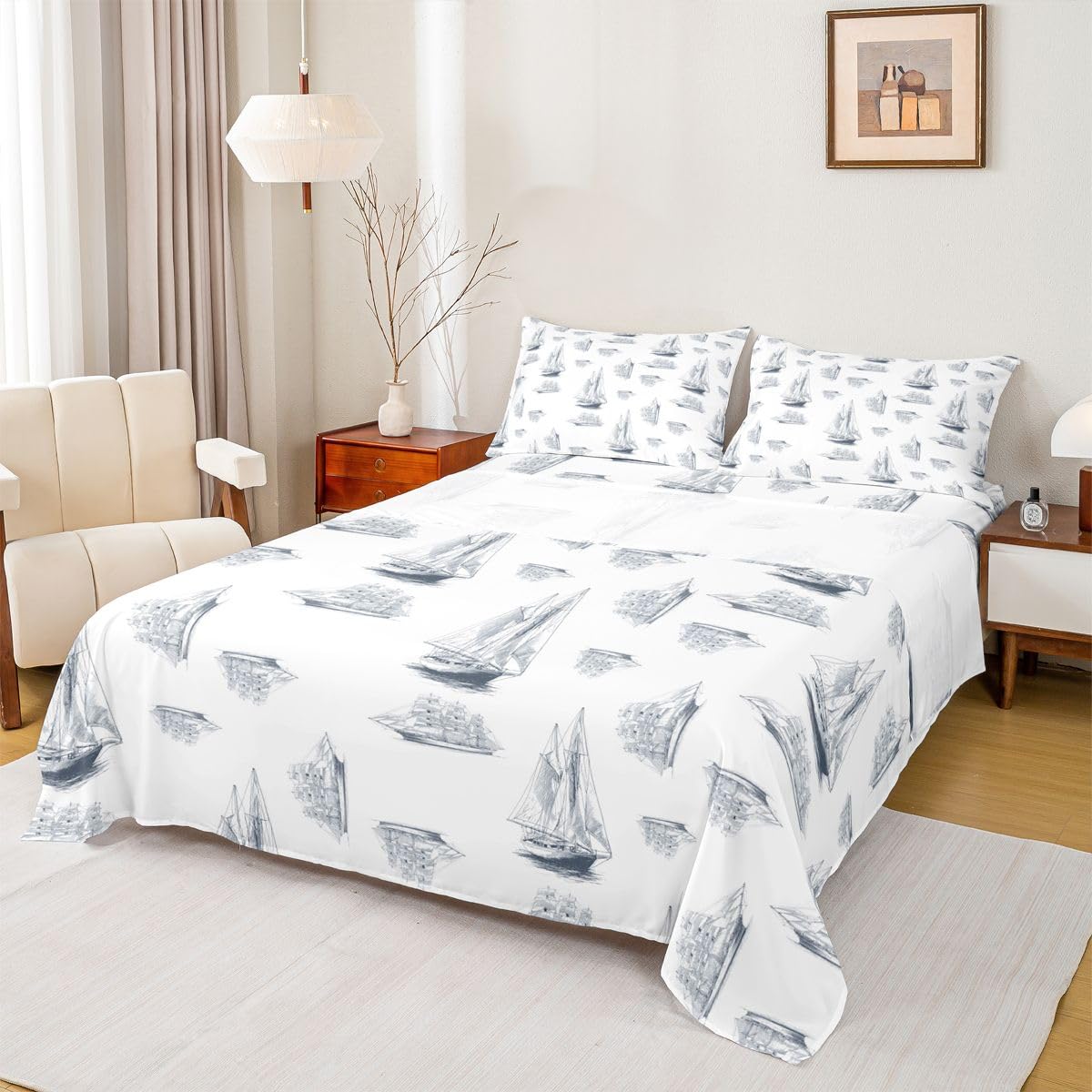 Feelyou Natural Bed Sheets Set Full Size Coastal Sheet Set for Kids Boys Girls Decor Beach Theme Sheets with Deep Pocket Fitted Sheet Boat Print Blue and White Bedding Set Bedroom