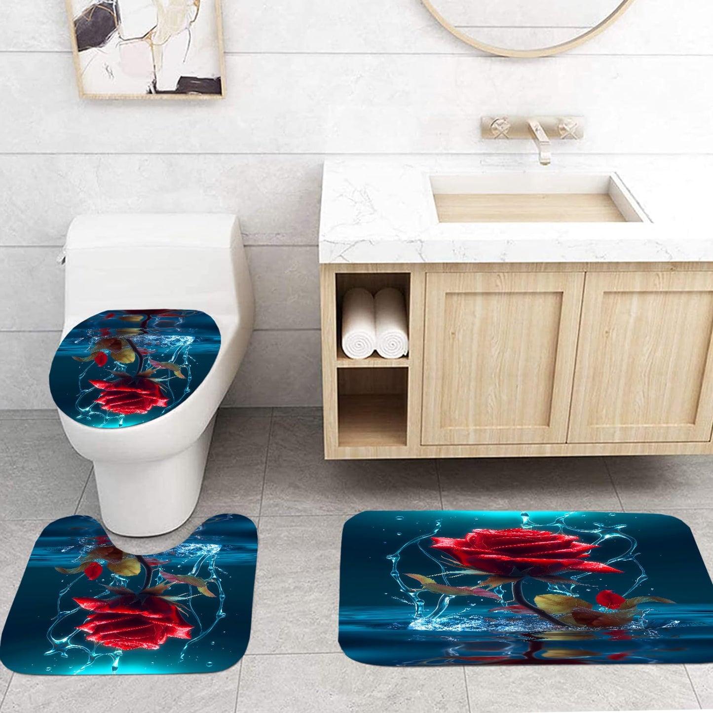 Jirown Red Rose Shower Curtain Sets 4 Pcs,Non-SlipRugs Bath Mat Toilet Cover U Shaped Mat Black Red Shower Curtain with 12 Hooks,Durable Bathroom Decor Set