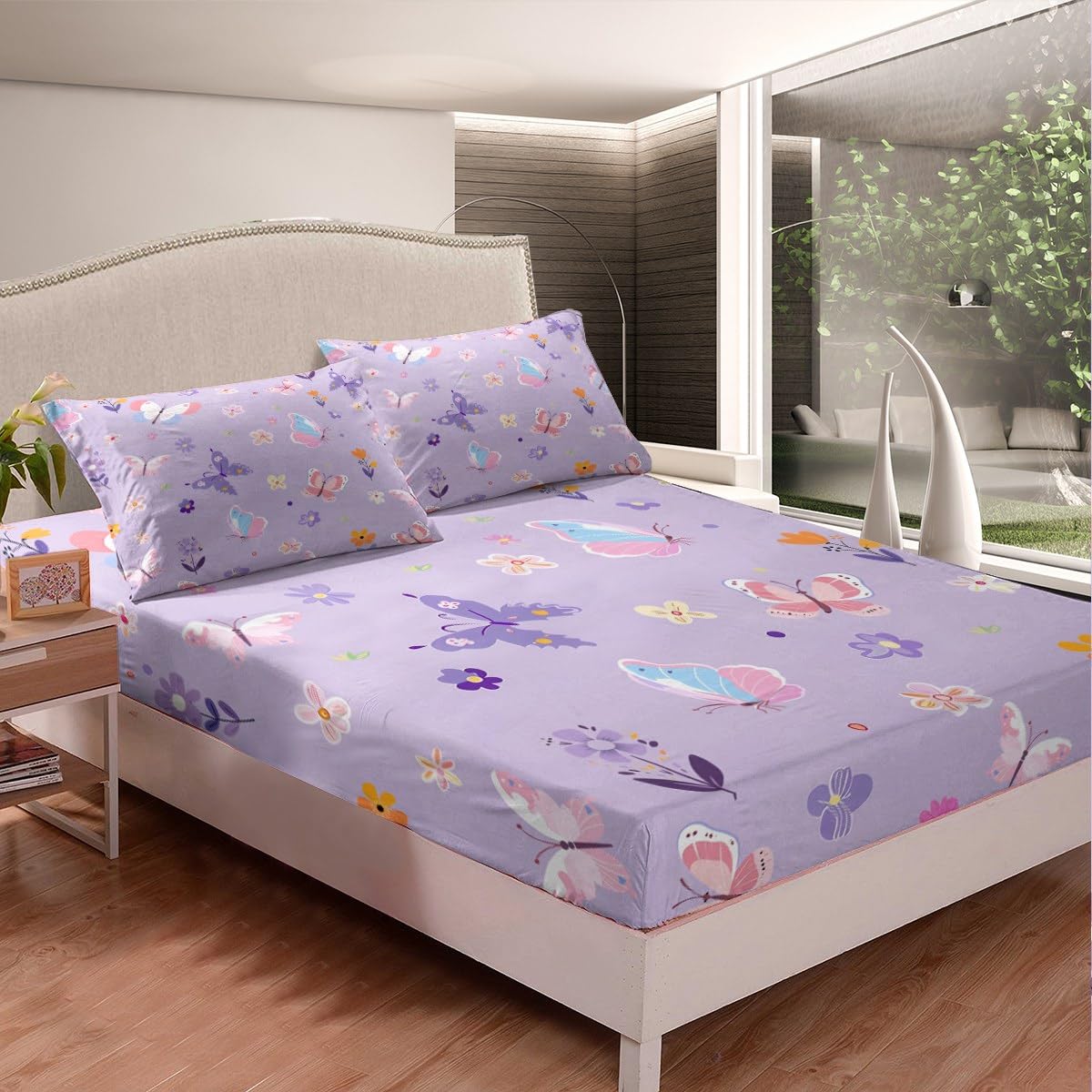 Erosebridal Purple Floral Twin Fitted Sheet,Cute Butterfly Bedding Set for Kids Girls Teen,Coquette Flower Bed Set,Dreamy Flowers Garden Bed Sheets 2Pcs Bedroom Decor (No Flat Sheet)