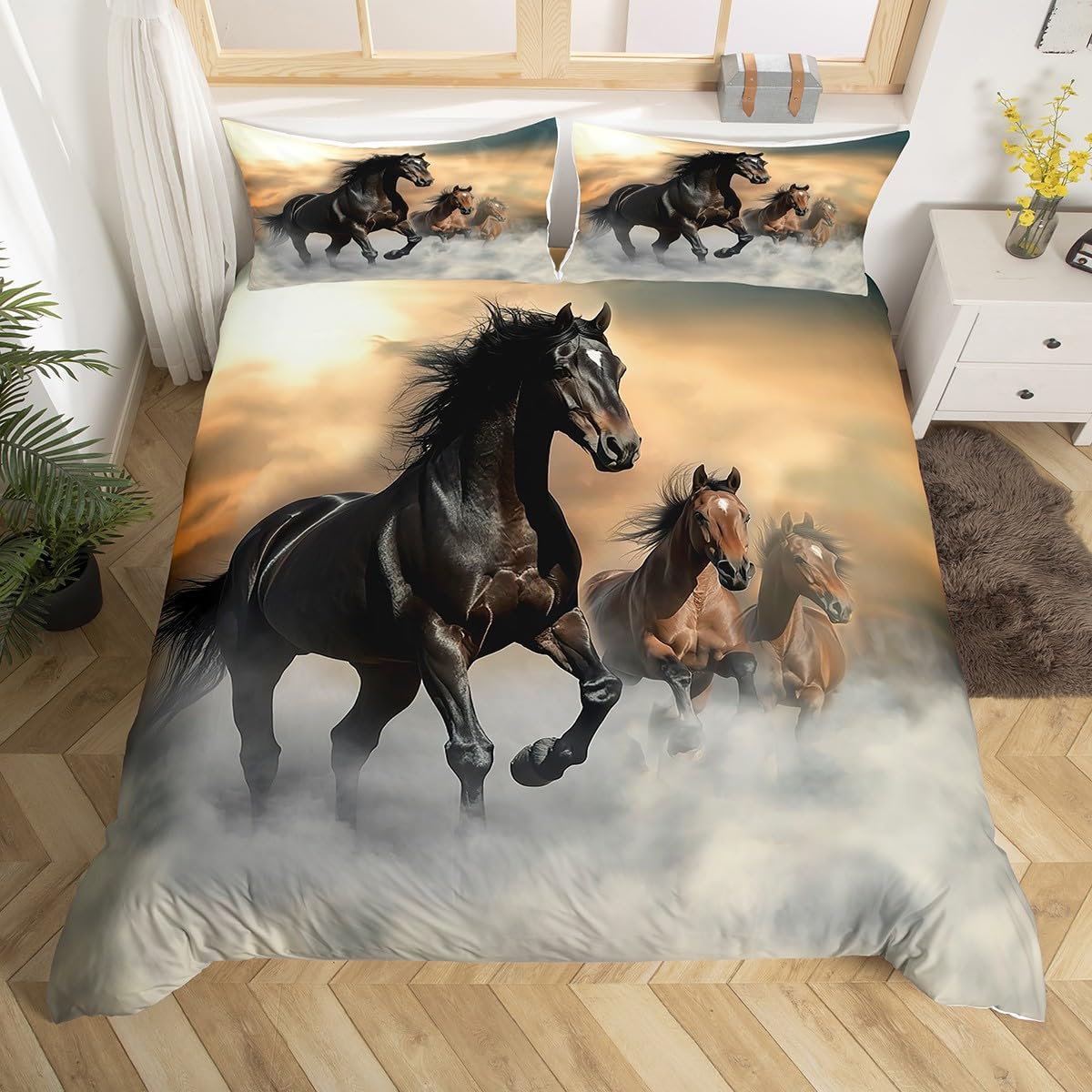 Erosebridal 3Pcs Horse Bedding Set Full Size Bedding Duvet Cover Horse Printed Quilt Cover 3D Animal Printed Quilt Cover for Adult Teens Kids Comforter Cover Soft Lightweight Duvet Cover Set