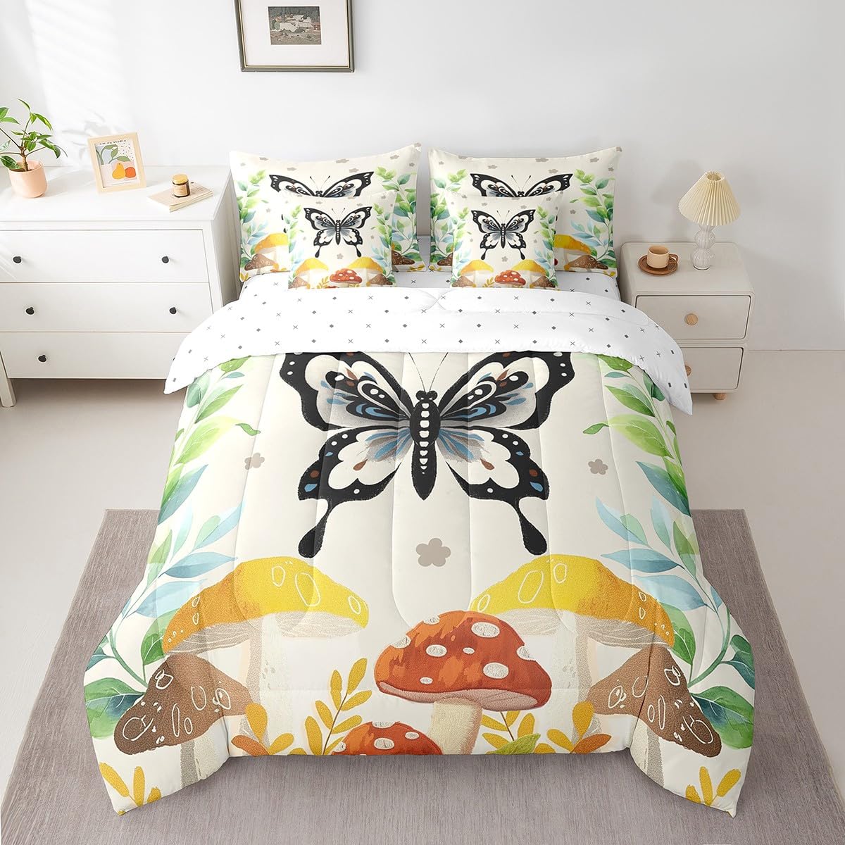 Feelyou Kids Butterfly Floral Bed in A Bag Twin Size, Bohemian 7 Pieces Bedding Set Boys Girls Cute Mushroom Comforter Set with Sheets Boho Exotic Teens Bed Set Bedroom Decor 7Pcs