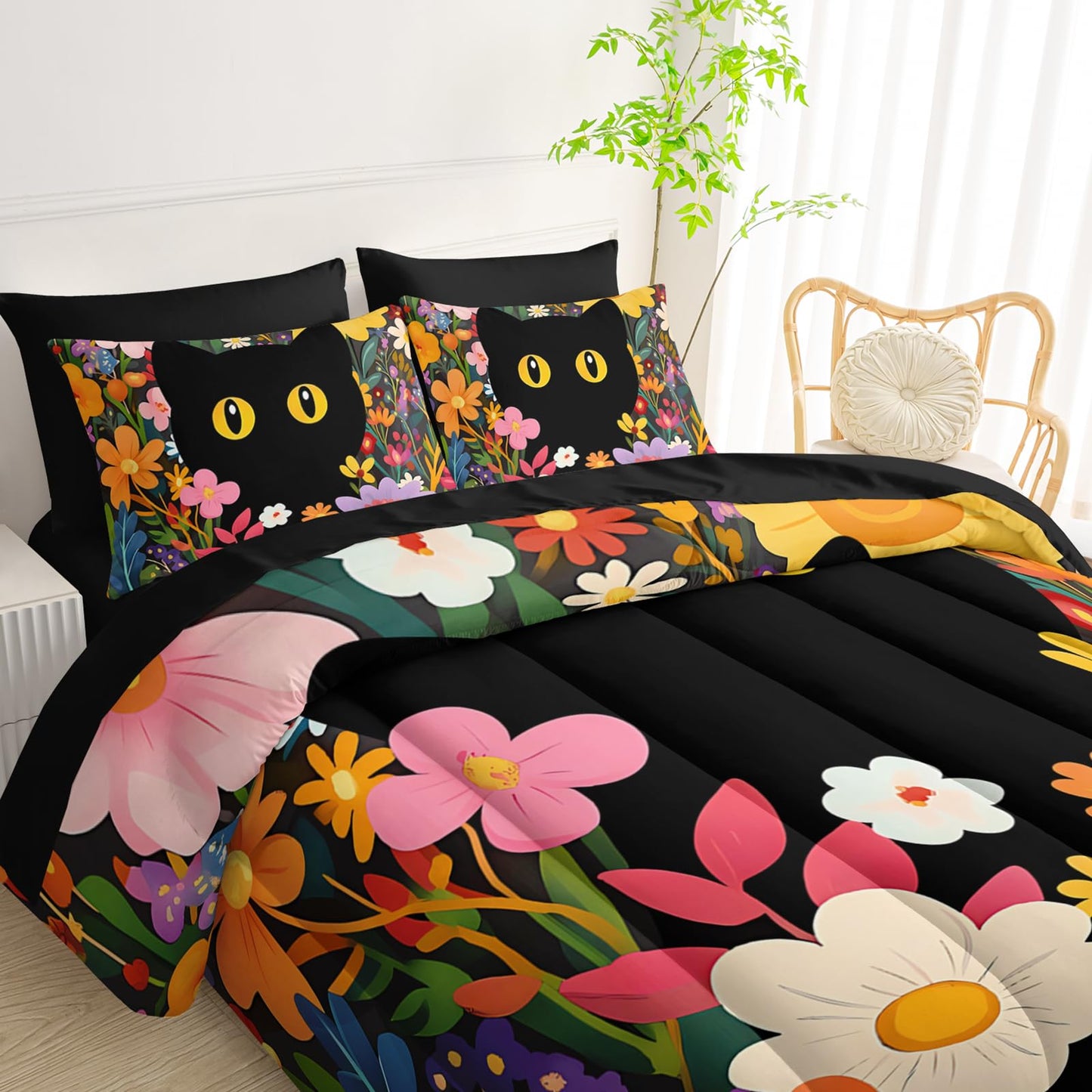 QOOMO Floral Cat 7 Pieces Comforter Set Queen Size,Floral Cat Bedding Set for Kids Teens Girls-Include 1 Comforter,1 Fitted Sheet,1 Flat Sheet,2 Printing Pillowcases and 2 Black Pillowcases