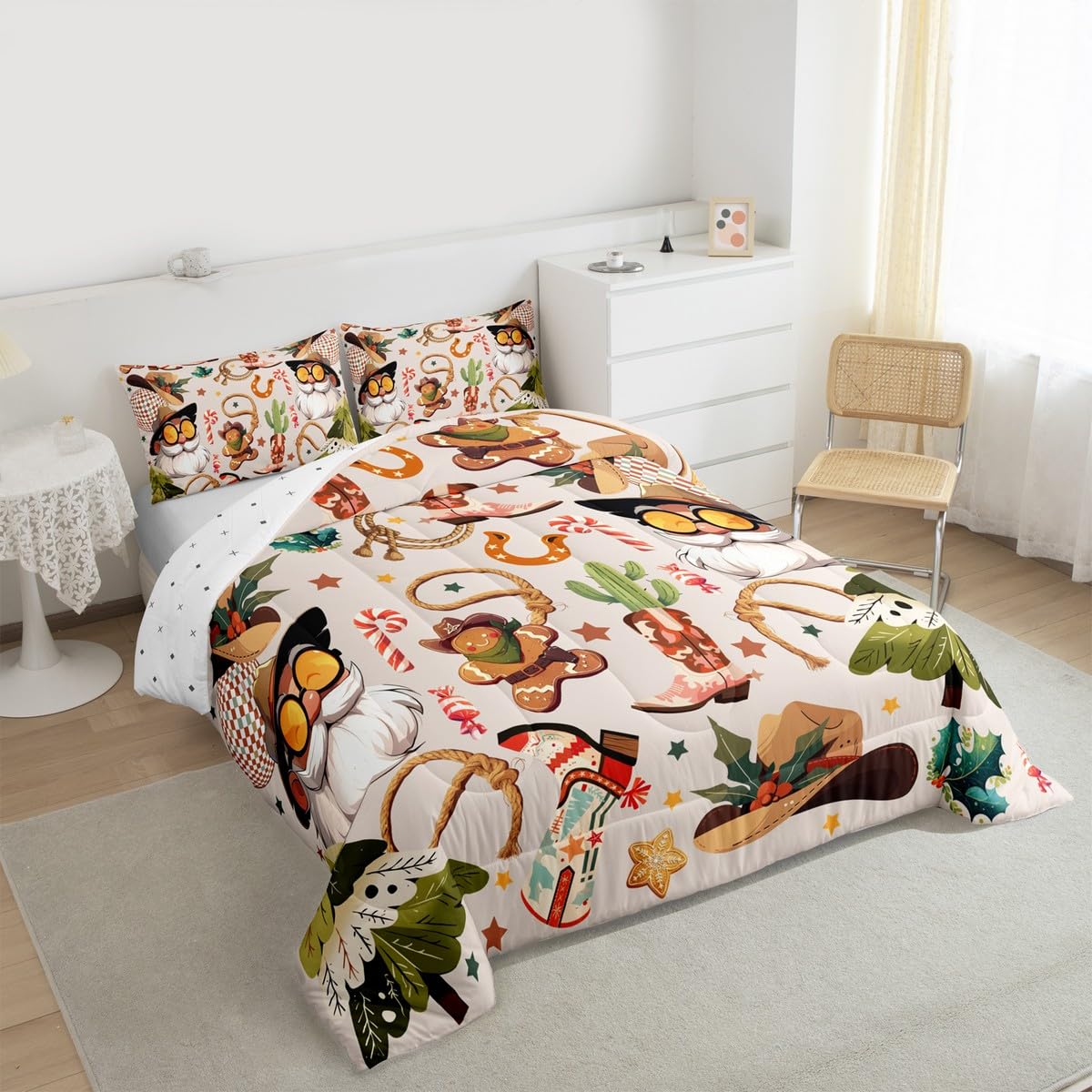 Feelyou Western Kids Comforter Set Full Size Merry Christmas Bedding Set Cowgirl Floral Duvet Quilt for Kids Boys Girls Bedroom Western Cowboy Boots Decor Wild West Cactus Flower Ultra Soft Breathable