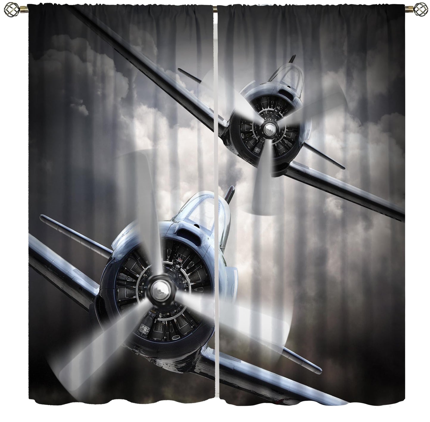 AAVEUP Airplane Blackout Curtains for Boys, Vintage 70s Old Gray Military Propeller Clouds Military Helicopter Window Drapes Print for Kids Adolescents Nursery Bedroom Living Room Bathroom 42x45in