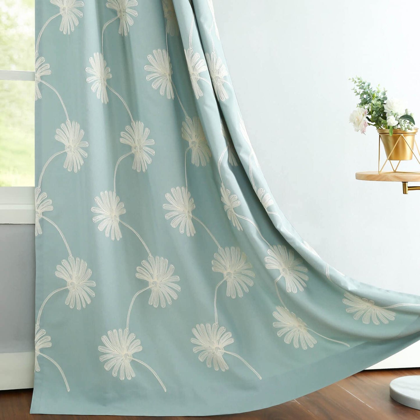 VOGOL Floral Embroidered Grommet Curtains, 52 x 84, 2 Panels, Blue