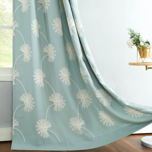 VOGOL Floral Embroidered Grommet Curtains, 52 x 84, 2 Panels, Blue