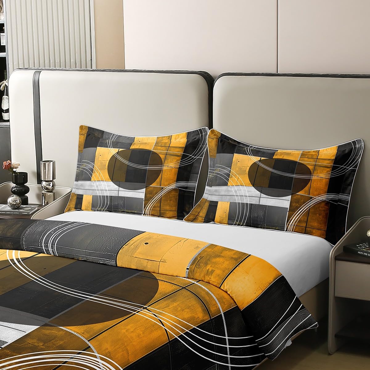 jejeloiu Olive Yellow Duvet Cover 100% Cotton King Size Kids Abstract Geometric Comforter Cover for Boys Girls Teens Modern Art Bedding Set Breathable Soft Room Decor