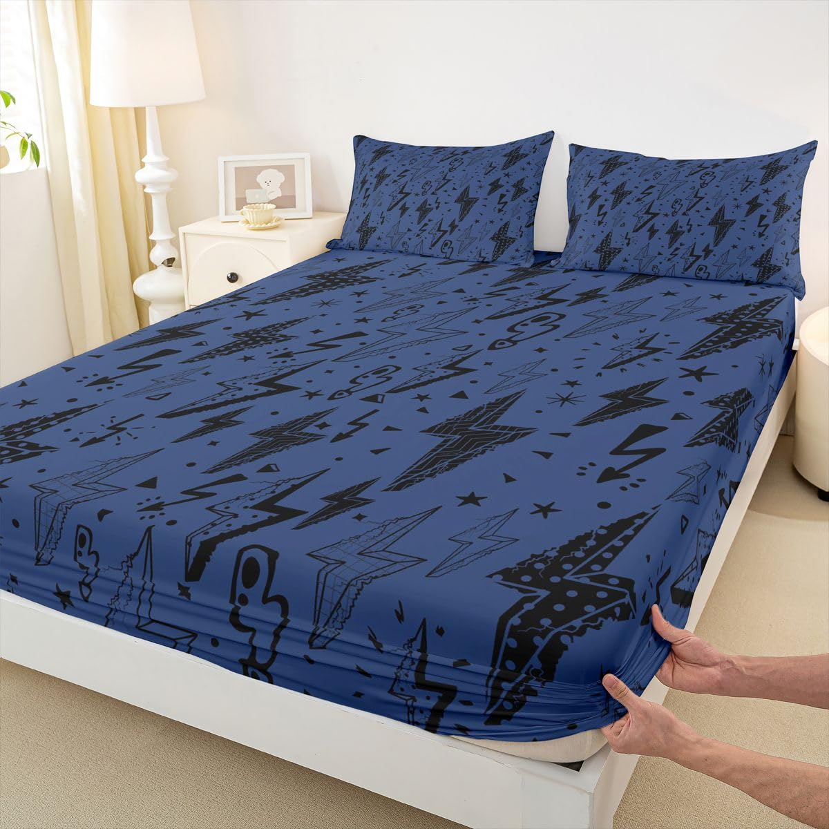 Castle Fairy Black Lightning Fitted Sheet Queen Size (No Flat),Gaming Bedding Sets 3Pcs,Girls Boys Adult Room Decor,Cartoon Natural Warning Bed Sheets Modern Cool Deep Pocket Sheet,2 Pillowcases