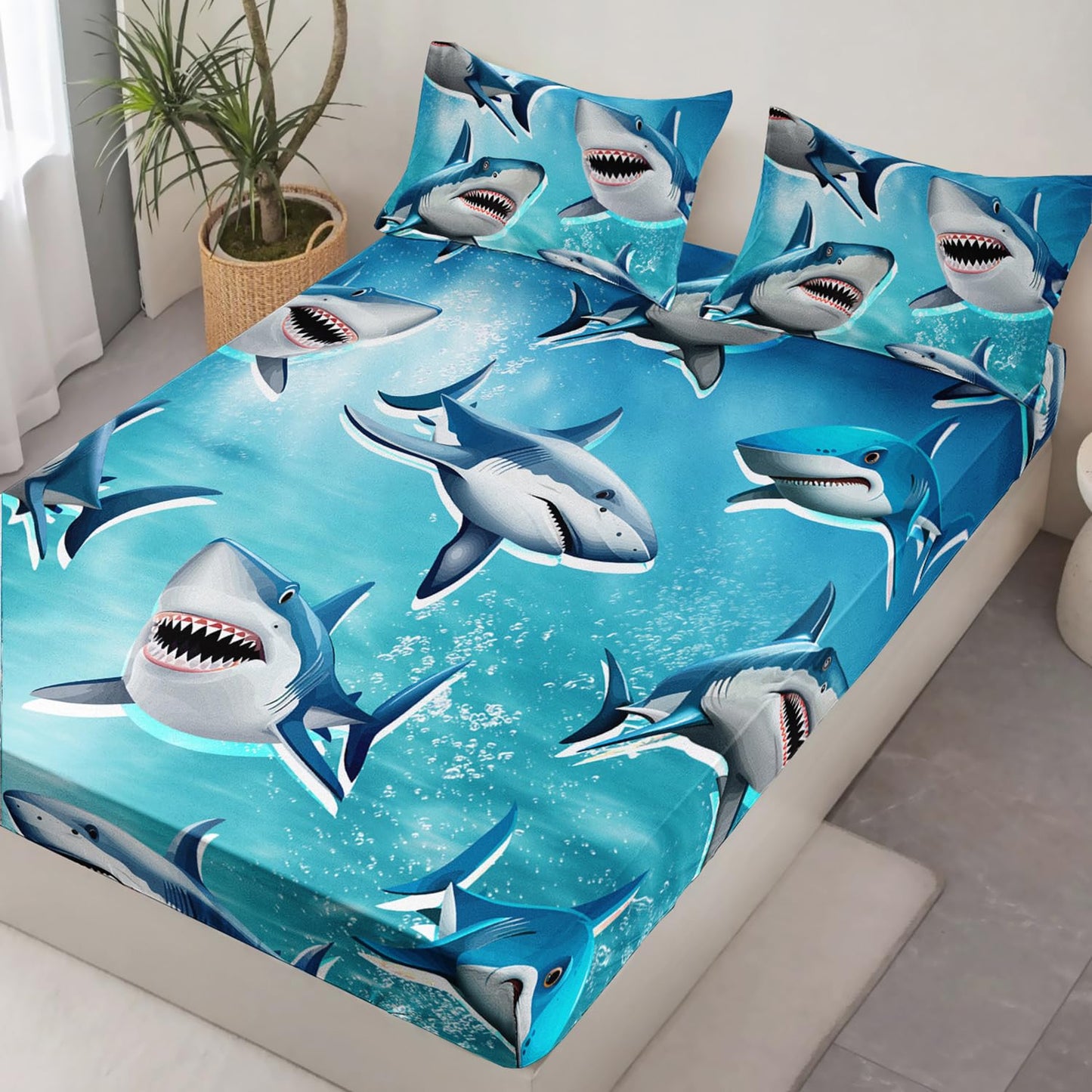 HOSIMA Teens Shark Print Fitted Sheet Set Twin Size,Shark Swimming in The Underwater World Pattern Bedding Sets,Ocean Animal Theme Fitted Sheet for Kids Boys Room Decor,1 Fitted Sheet+2 Pillowcases.