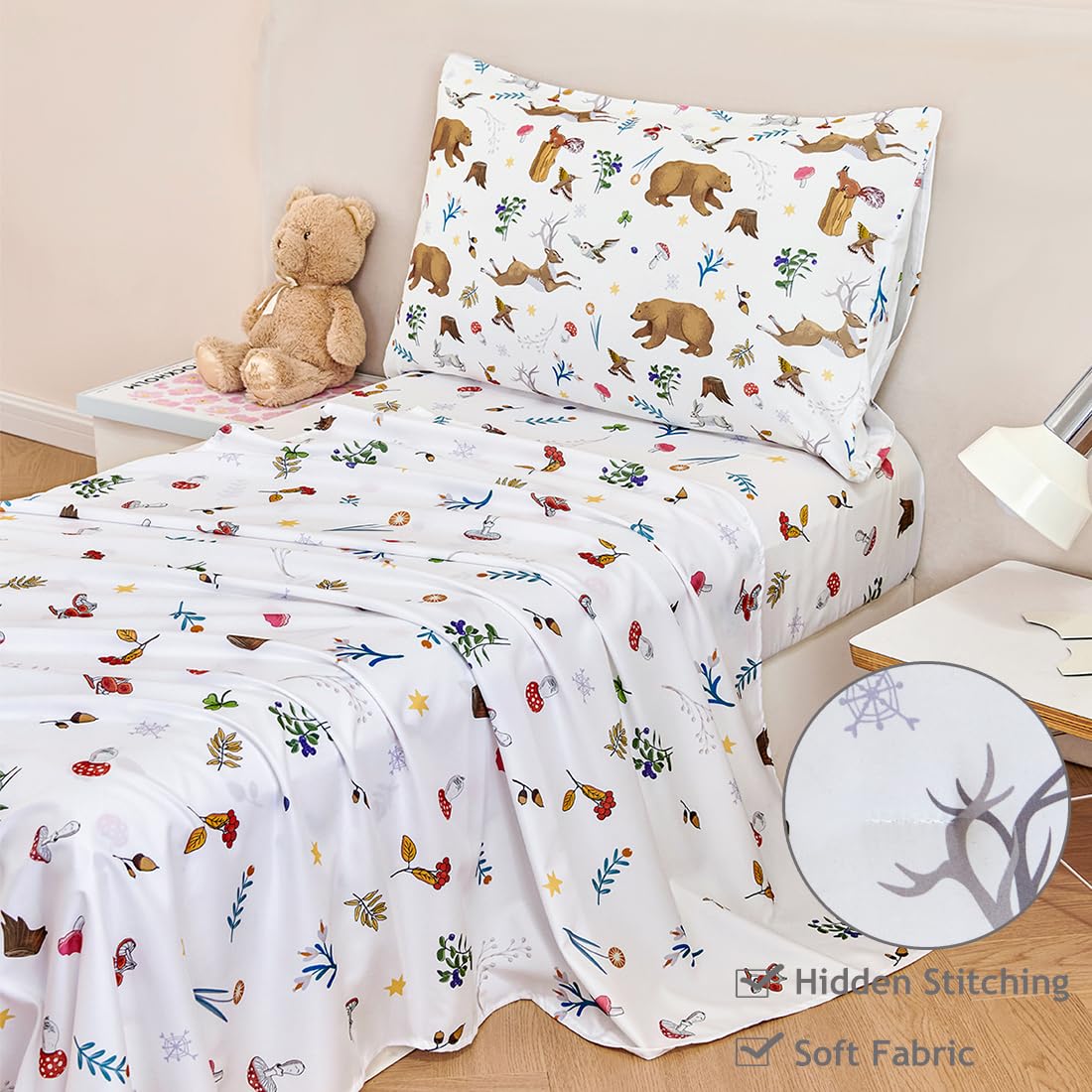 PERFEMET 4-Piece Toddler Bedding Set-Reversible Woodland Animal Toddler Bed Sets for Boys Girls-Soft Lightweight Cartoon Bear Deer Print Toddler Bed Comforter with Sheets for All Season