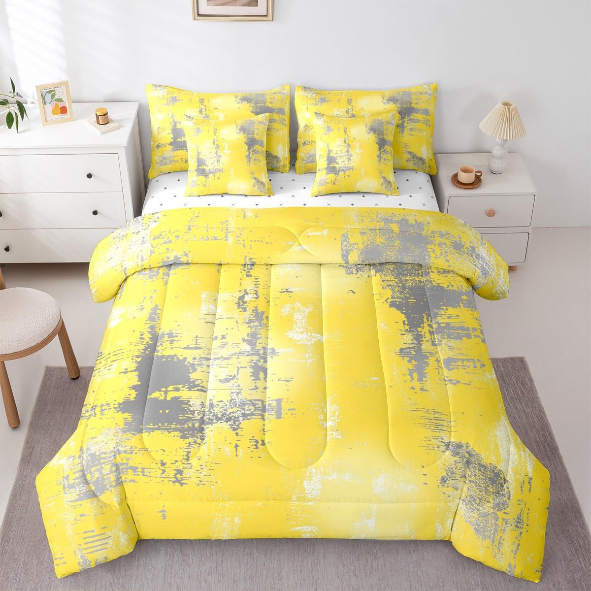 Feelyou Abstract Queen Comforter Set with Sheets for Kids Boys Girls Modern Abstract Art 7 Pieces Bedding Set Yellow Gray Bed in a Bag Luxury Room Decor Geometric Soft Lightweight Microfiber