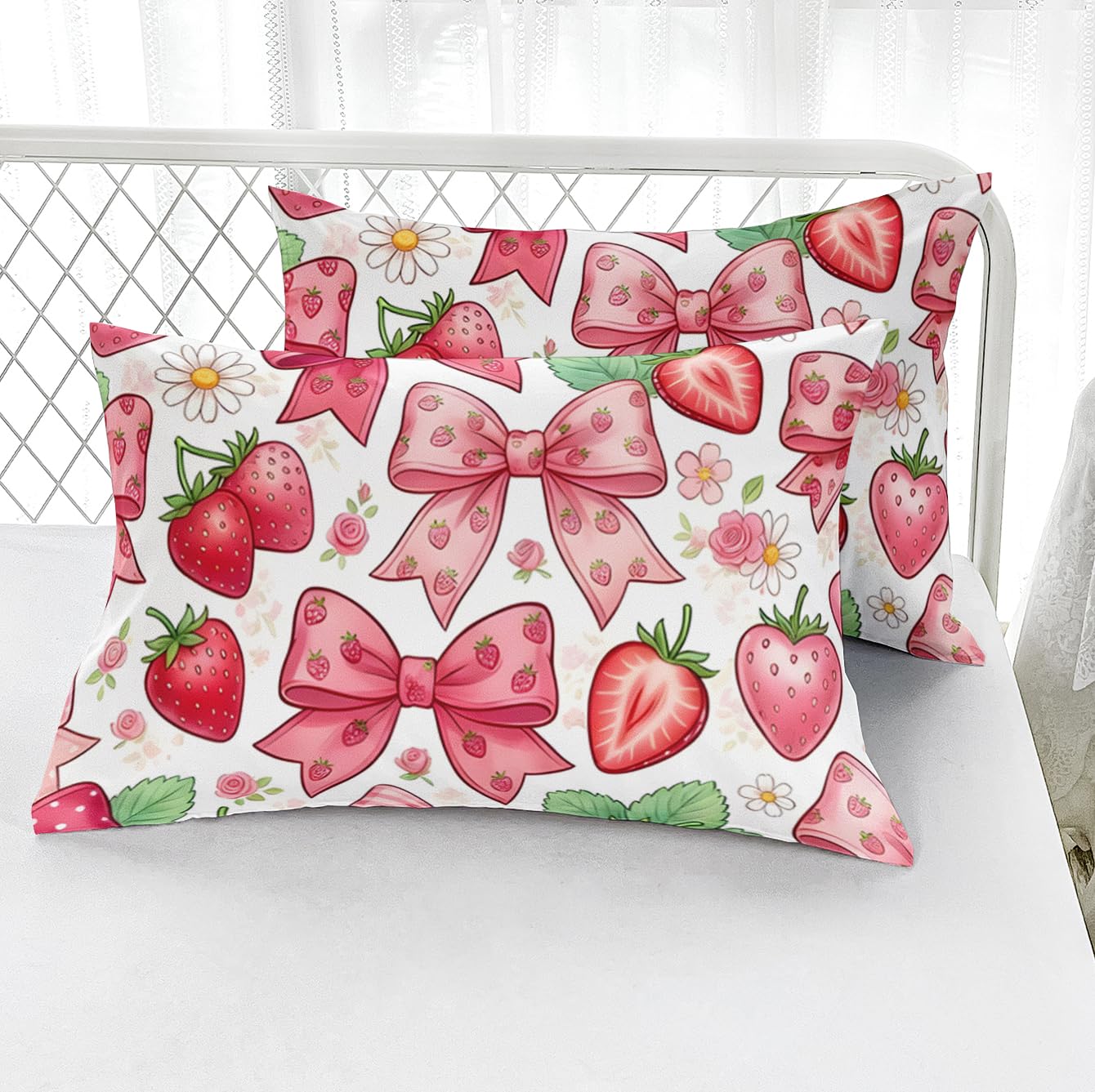 AILONEN Strawberry Bow Twin Fitted Sheet Set, 3 Piece Microfiber Bedding Pack with 2 Pillowcases, 16 Inch Deep Pocket, Pink Fruit Room Style