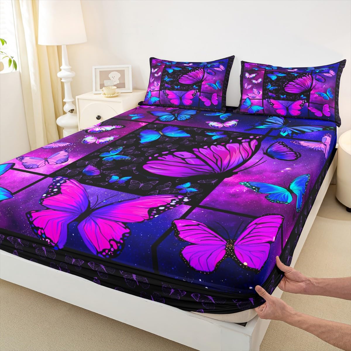 Purple Butterfly Bed Sheets Deep Pocket King,Mystic Galaxy Bed Sheet Set Blue Butterfly Bedding Sets for Kids Girls Teens Women,Psychedelic Starry Sky Fitted Sheet Aesthetics Flat Sheet 4 Pcs