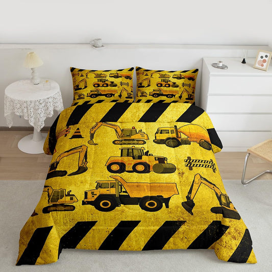 Boys Excavator Bedding Set Queen Size Kids Construction Vehicles Comforter For Kids Children Cartoon Machinery Truck Comforter Set Construction Site Cars Tractor Duvet Set 3Pcs With 2 Pillow Cases