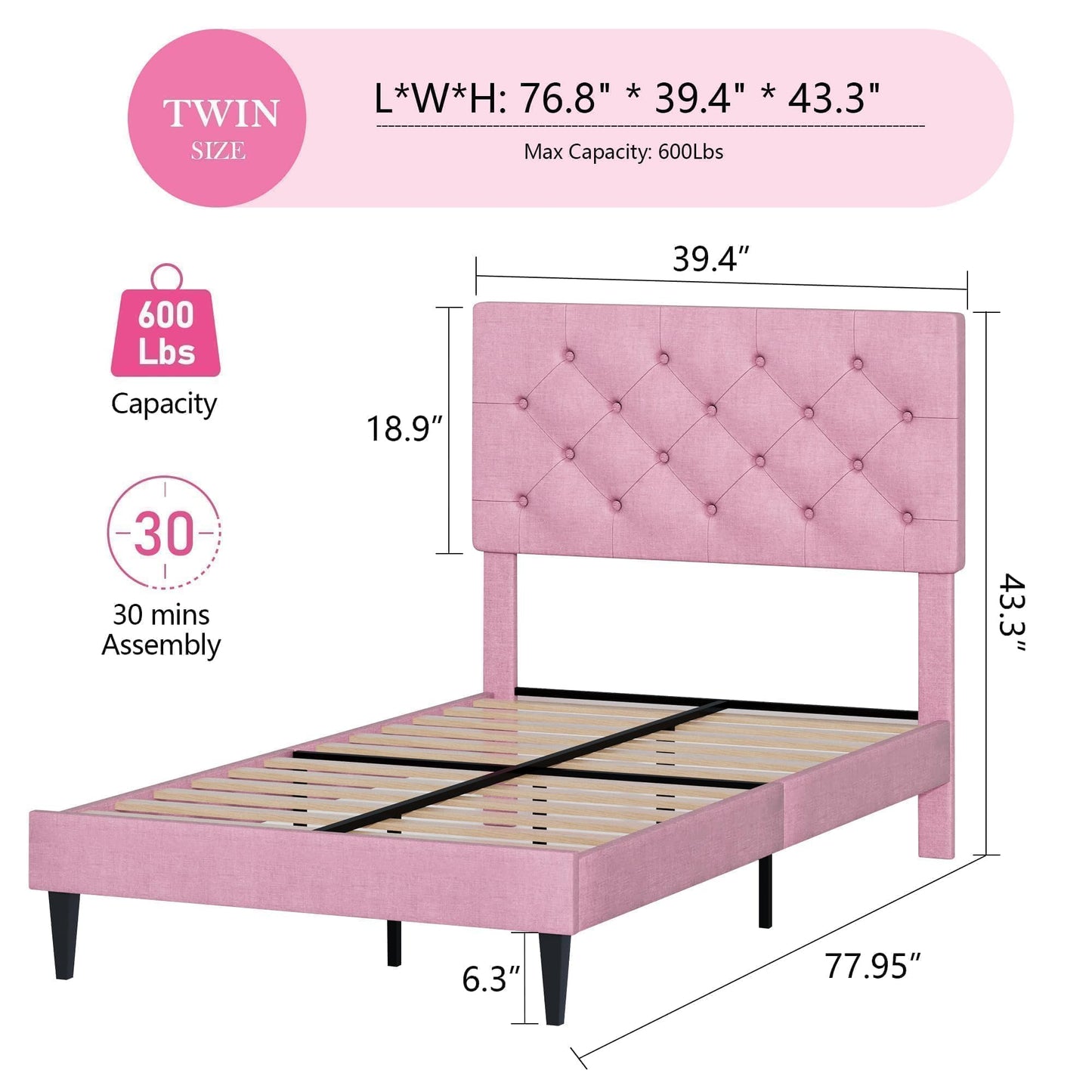 Lullabyre Twin Bed Frames for Kids, Upholstered Platform Bed Frame, Pink Bed Frame with Tufted Headboard, No Box Spring Needed, Easy Assemble, Pink