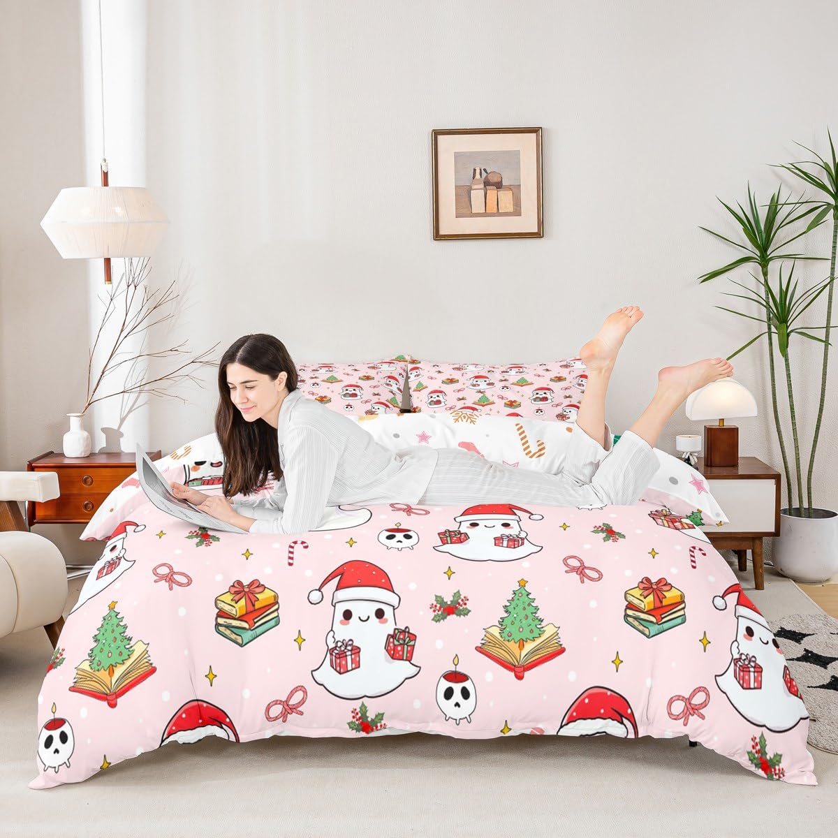 Christmas Ghost Duvet Cover Set Twin Size,Christmas Tree Bedding Sets 2Pcs for Kids Girls Boys Adult Room Decor,Red Xmas Candy Comforter Cover Cartoon Pink Quilt Cover,1 Pillowcase