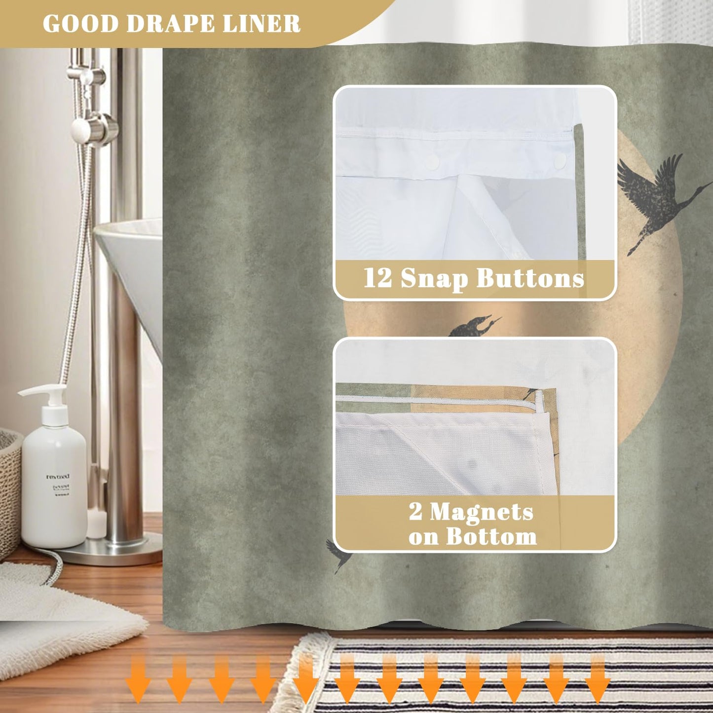 NAEMBCU No Hook Shower Curtain with Snap in Liner, Zen Moon and Crane Silhouette Print - Waterproof Double Layer Bath Tub Curtain with Mesh Top for Japandi Wabi Sabi Bathroom Decor, 71W x 74H