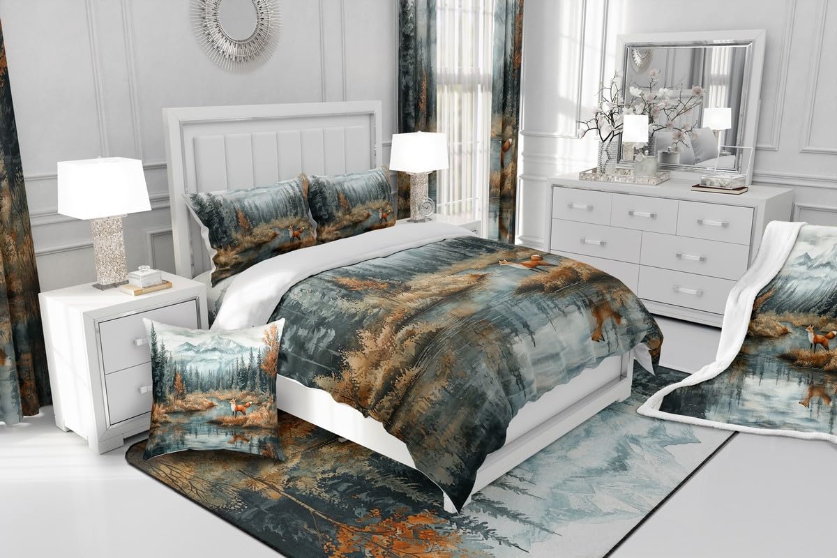 Fox Bedding Set Full Size,Tree Woodland Mountain Comforter Set for Kids Boys Girls Teens Room Decor,Lake House Nature Duvet Insert 3Pcs,Abstract Rustic Style Wild Animal Quilt Set,2 Pillowcases