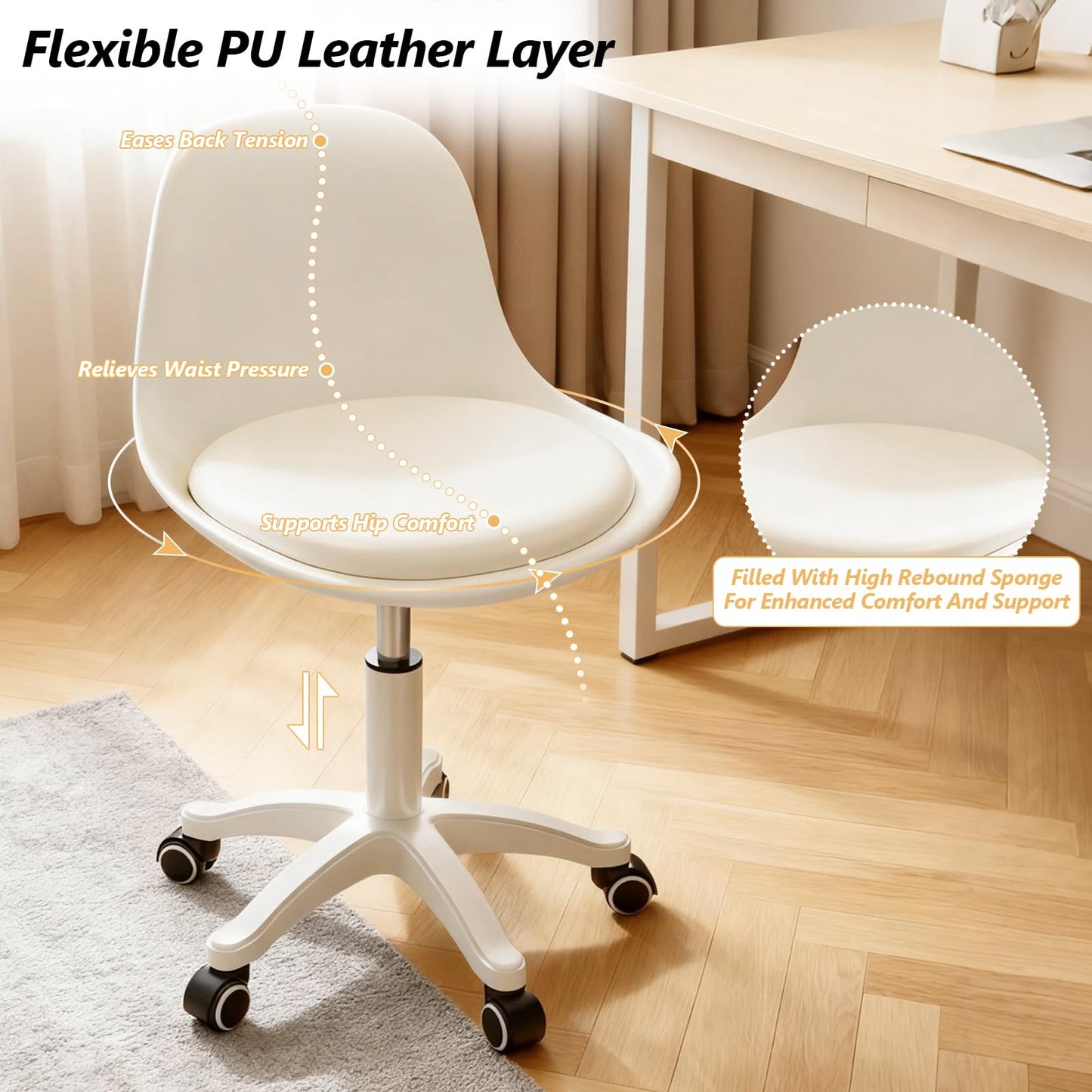 BTFYOU Home Office Chairs, Small Swivel Rolling Desk Chair with Silent Wheels and Low-Back,Armless Heavy-Duty Vanity Chair Height Adjustable for Bedroom,Students,Study,Teens