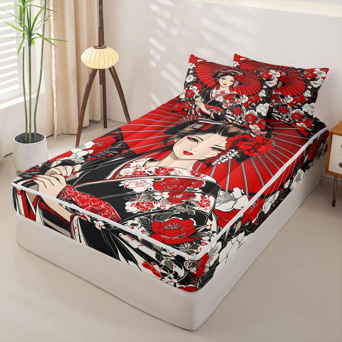 Erosebridal Japanese Geisha Zipper Bedding Twin Size, Japanese Flowers Kids Comforter Set - Artistic Japan Zip Up Comforter Bed in A Bag