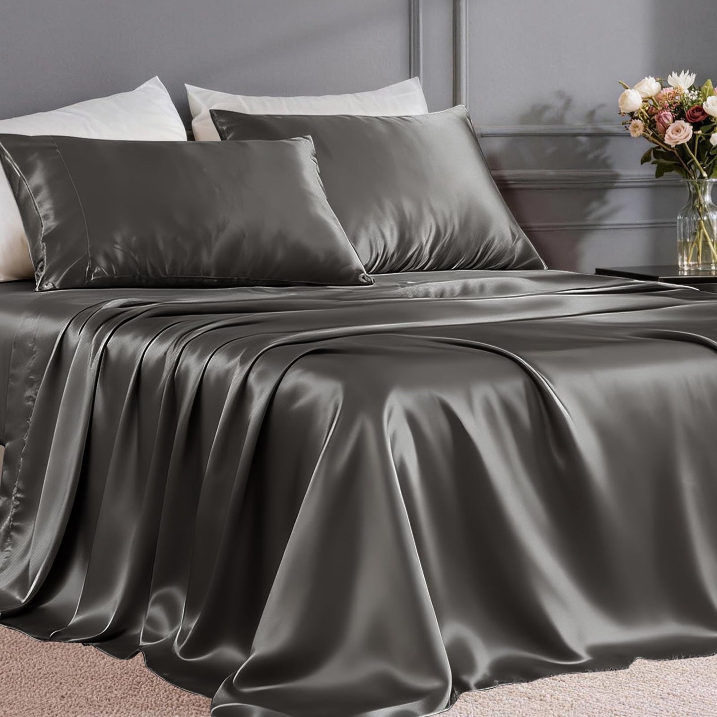 FreshCulture Satin Sheets Full Size - 4 Piece Luxury Soft Silky Full Size Bed Sheets, Similar to Silk Bed Sheet Set with 1 Deep Pocket Fitted Sheet, 1 Flat Sheet & 2 Pillowcases (Gunmetal)