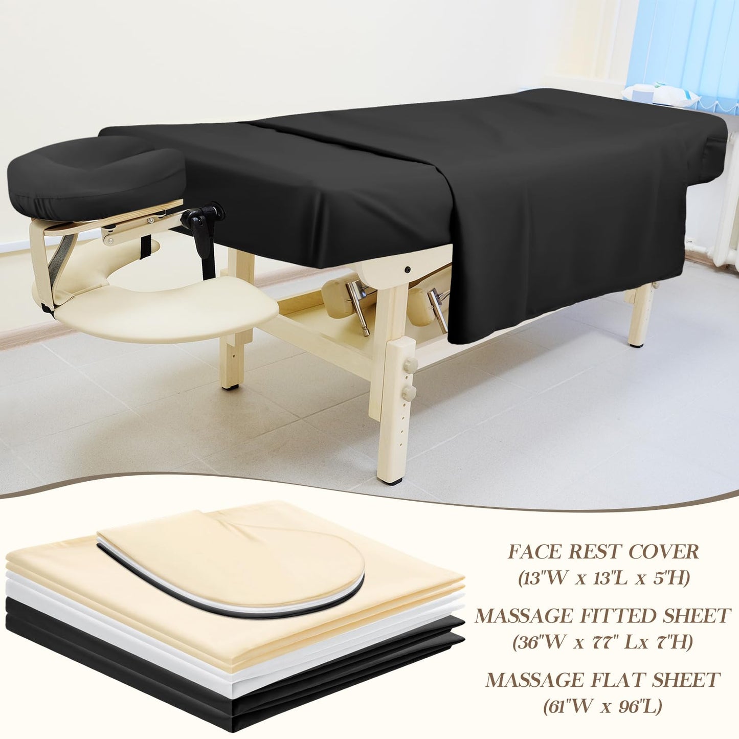 Mixweer 9 Pcs 3 Set Microfiber Massage Table Sheets Set Bulk Includes Flat Sheet, Fitted Sheet with Pocket, Face Rest Cover(Black, White, Beige)