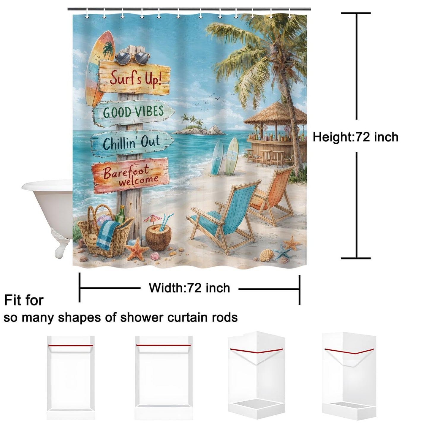 PAOPOED Beach Shower Curtain 72x72 Inch, Coastal Ocean Bathroom Curtain with Tropical Surf Sign, Waterproof Fabric, Farmhouse Summer Beach Decor, 12 Hooks Included
