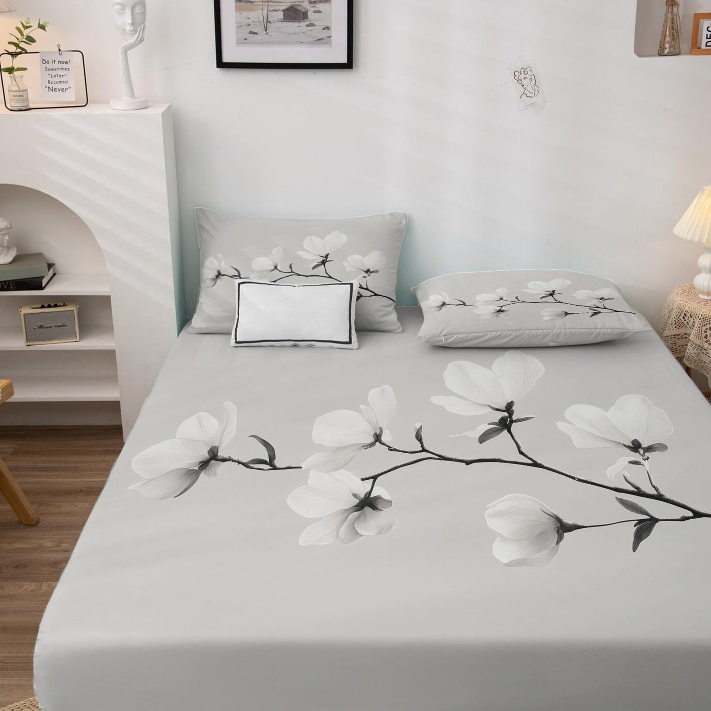 NOGAWA White Floral Sheets Queen, Flower Bed Sheets, Modern Bedding Sheets, Soft Microfiber Deep Pocket Fitted Sheet, Flat Sheet, 2 Pillowcases