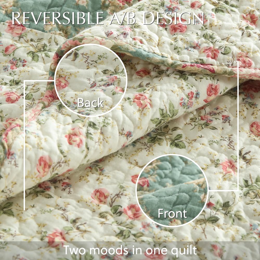 camandy Cotton Bedspread Quilt Bedding Sets, 3 Pieces Reversible Coverlets Comforters Star with Green Floral Real Patchwork Bedspread, King Size
