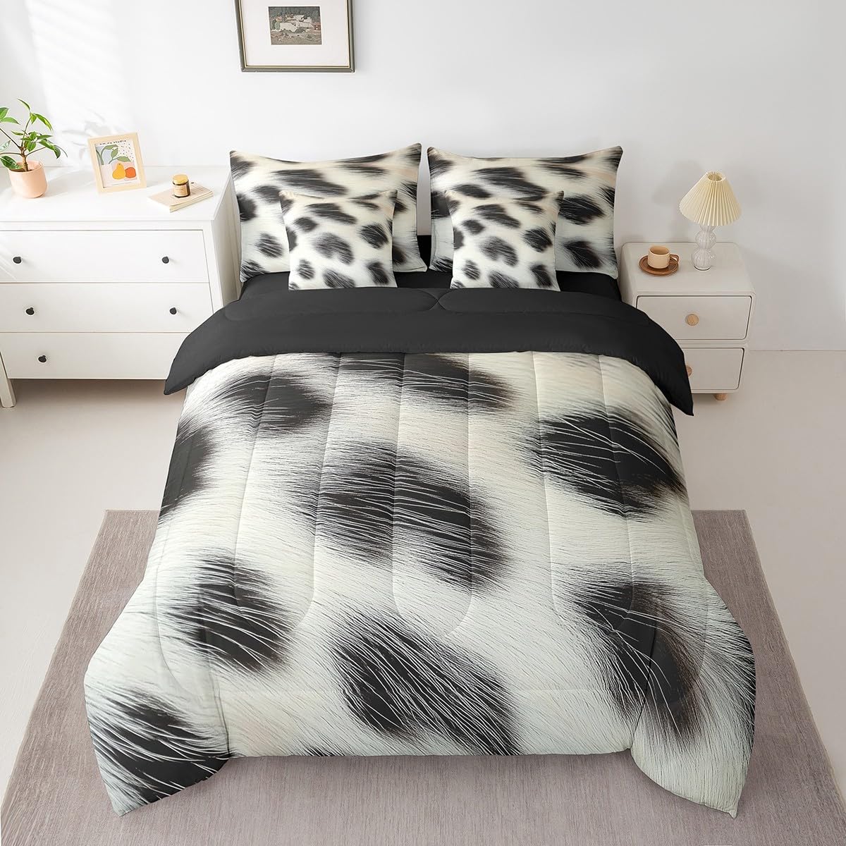 Erosebridal Cowhide Comforter Set King Size for Boys Cute Cow Print Bedding Set 7 Piece Western Cowboy Bed in A Bag for Kids Teens Youth Women Room Farmhouse Animal Hair Sheets, Breathable